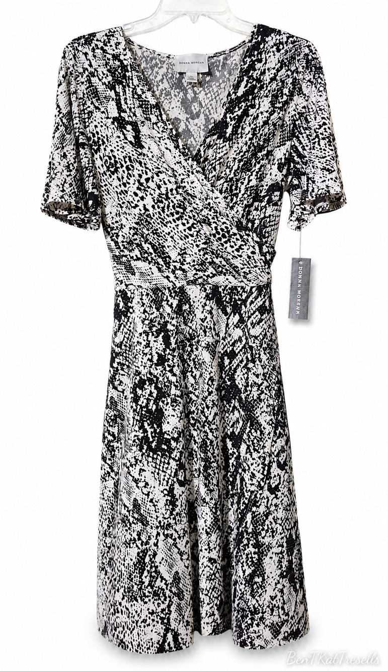 Donna Morgan Snake Print Faux Wrap Midi Dress Black White Career Sz 12 NWT